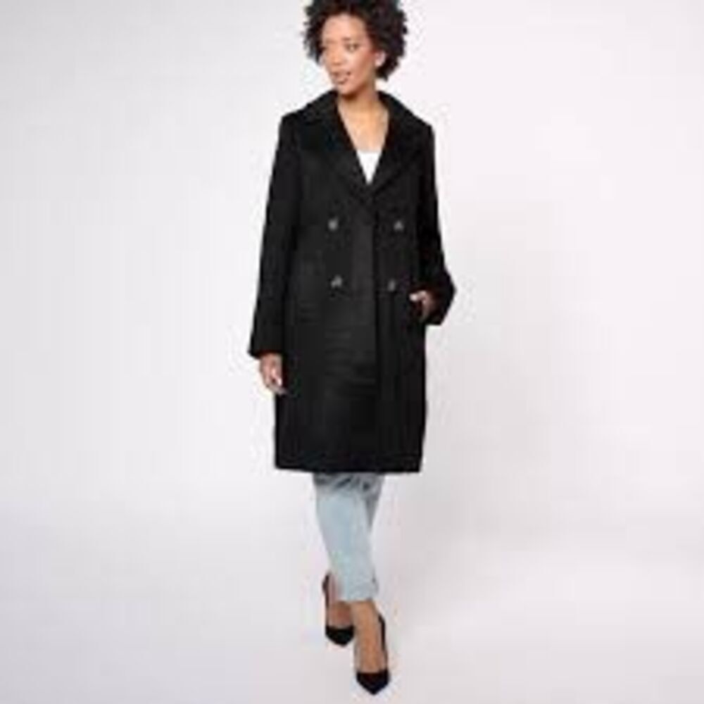 Dennis Basso Women's 8 Double Breasted Peacoat Black Knee Length Dressy Winter